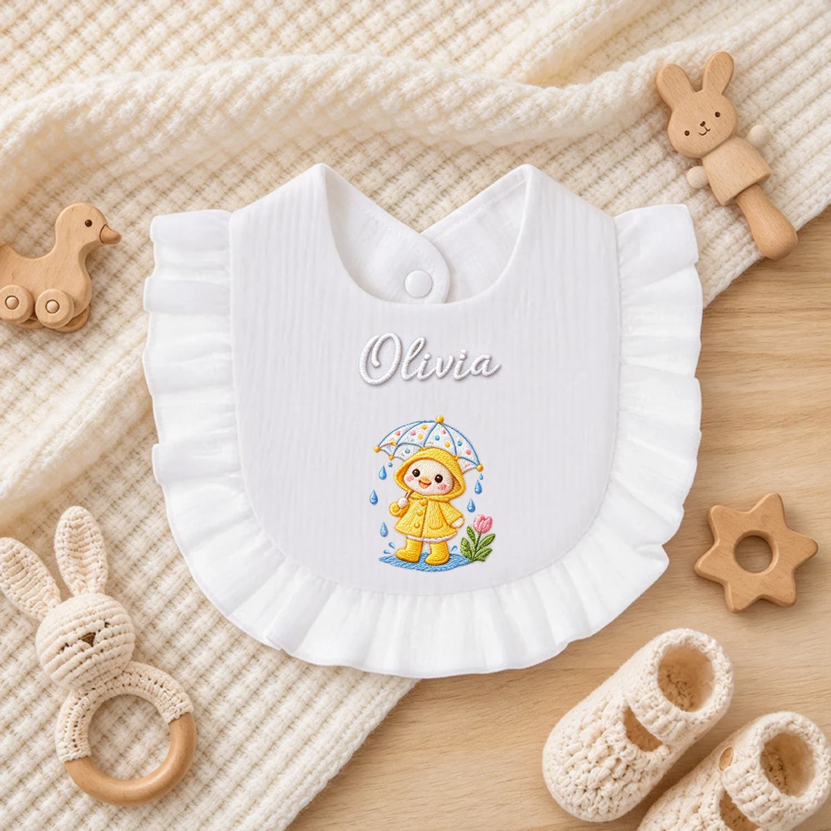 Personalized Embroidered Ruffle Baby Bib, Unique Gift for Babies and New Parents