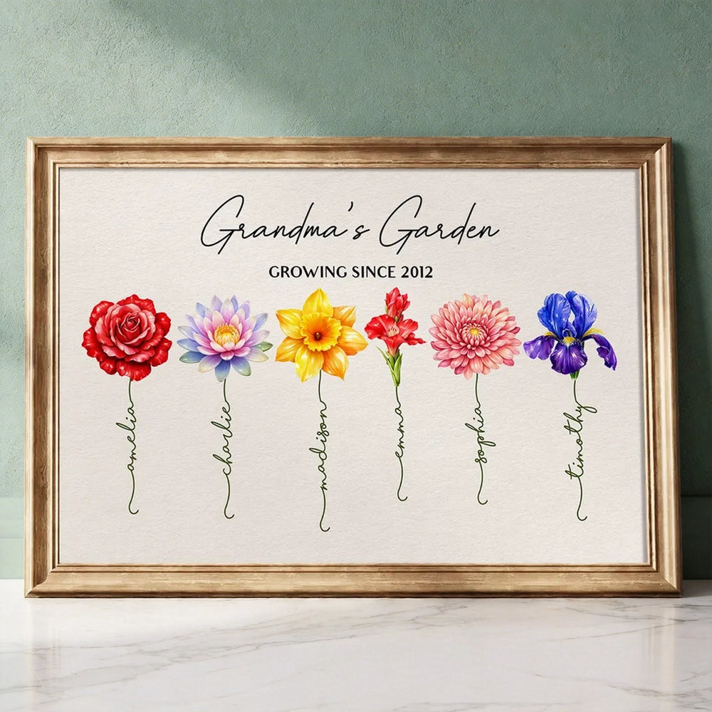 Personalized Grandma's Garden Birth Month Flower Poster, Vibrant Wall Art Keepsake, Unique Gift for Grandma