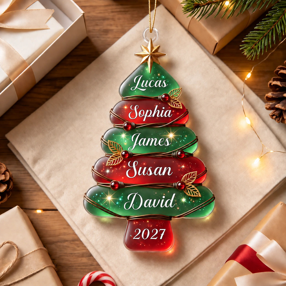 Personalized Family Christmas Tree Acrylic Ornament, Custom Names & Year, Festive Keepsake Gift for Loved Ones
