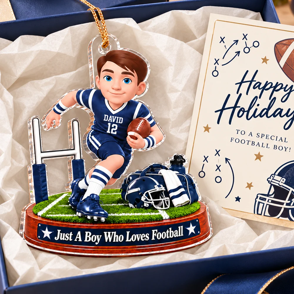 Personalized Acrylic Ornament, Cartoon Boy Playing Football by Goalpost, Unique Christmas Gift for Son or Grandson