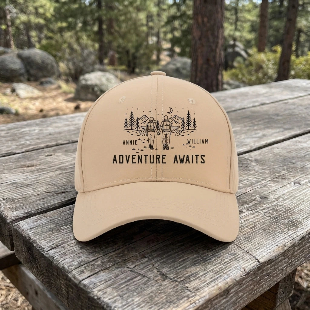 Personalized Adventure Awaits Cap or T-Shirt, Same Custom Couple Hiking Design, Outdoor Gift for Couples