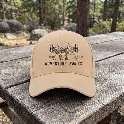 Personalized Adventure Awaits Cap or T-Shirt, Same Custom Couple Hiking Design, Outdoor Gift for Couples