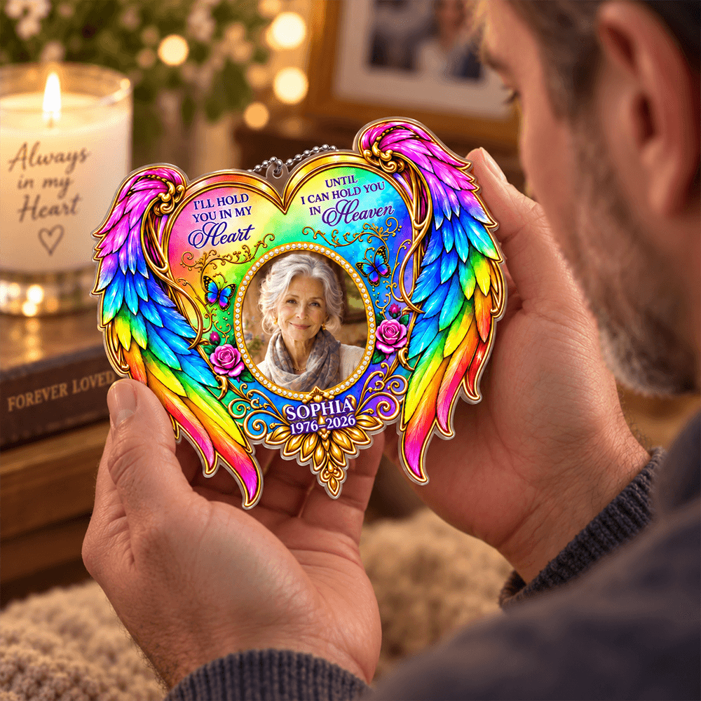Personalized Memorial Photo Car Hanger or Ornament, Rainbow Angel Wings Keepsake, “I’ll Hold You in My Heart” Remembrance Gift