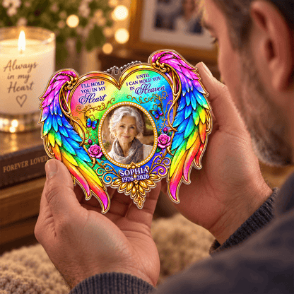 Personalized Memorial Photo Car Hanger or Ornament, Rainbow Angel Wings Keepsake, “I’ll Hold You in My Heart” Remembrance Gift