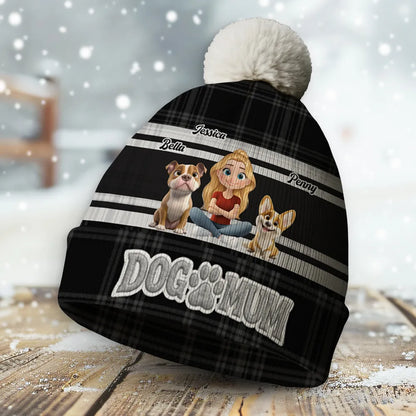 Dog Dad Bobble Beanie Hat, Custom Cartoon Owner Sitting with Pup on Black Plaid, Cozy Everyday Gift
