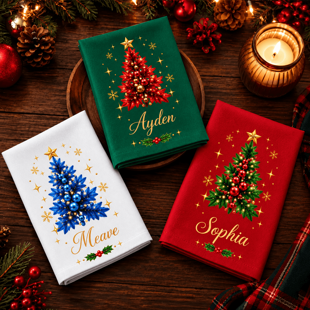 Personalized Christmas Tree Cotton Napkin with Custom Name, Elegant Gold Accents, Festive Holiday Table Decor