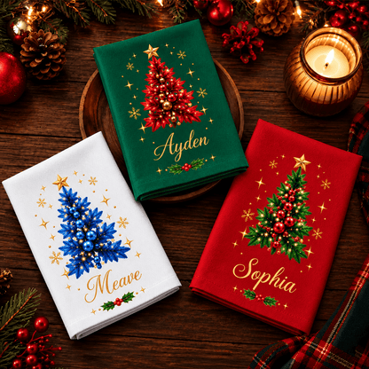 Personalized Christmas Tree Cotton Napkin with Custom Name, Elegant Gold Accents, Festive Holiday Table Decor