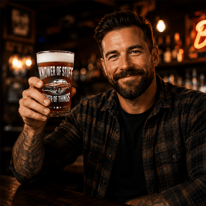 Personalized Beer Glass with Classic Muscle Car Art, Black and Gold Unique Gift for Car Enthusiast