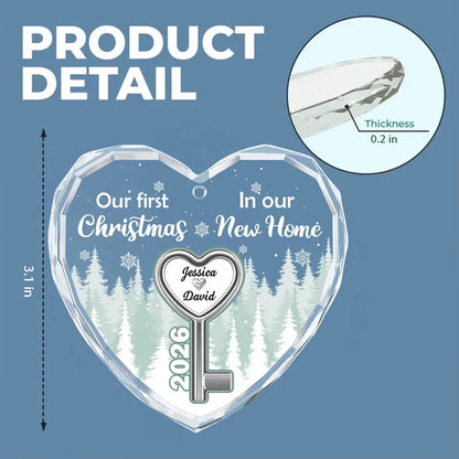 Custom Crystal Heart Ornament with Snowy Forest & Heart Key, Creative Gift for New Home Couple