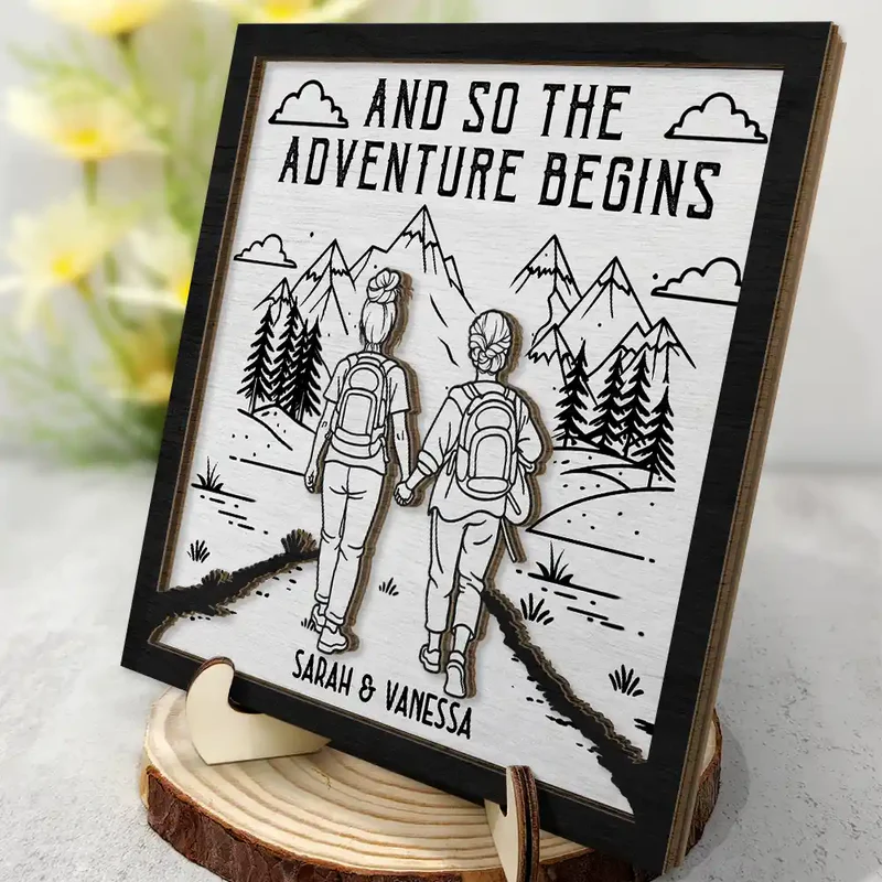 Personalized 2-Layer Wooden Plaque Adventure Partners For Life Couple Hiking Scene - Unique Gift For Your Favorite Travel Buddy