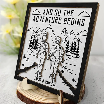 Personalized 2-Layer Wooden Plaque Adventure Partners For Life Couple Hiking Scene - Unique Gift For Your Favorite Travel Buddy