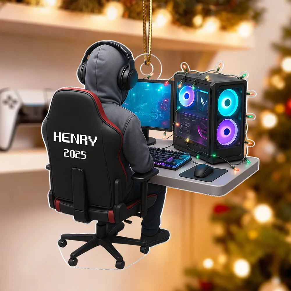 Personalized Gamer Acrylic Ornament, Hoodie & Headset Desk Setup with RGB PC Lights, Unique Gift for Gamers