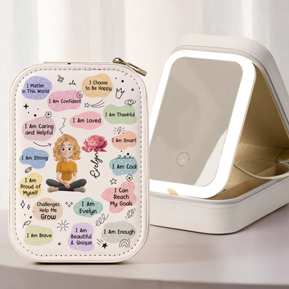 Custom LED Makeup Case with Cartoon Portrait & Positive I Am Quotes – Unique Personalized Makeup Box, Uplifting Gift for Daughter or Friend