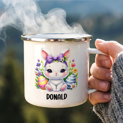 Watercolor Bunny Enamel Mug, Personalized Name Keepsake for Cozy Sips, Adorable Easter Season Gift for Family