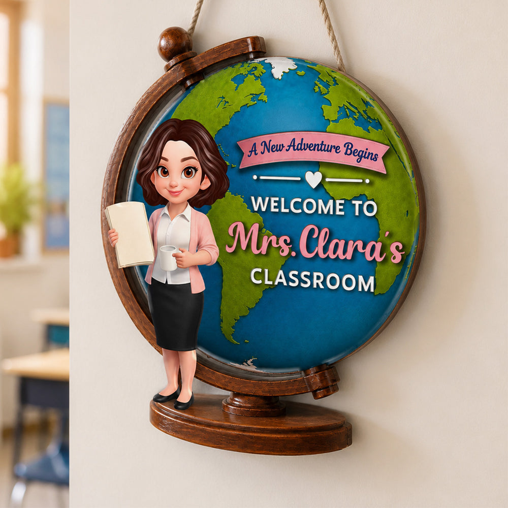 Wooden Sign with A New Adventure Begins Globe Art, Personalized Teacher Gift for Classroom Welcome