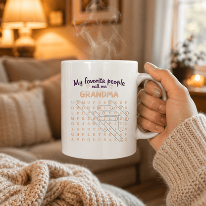 Personalized Grandma Word Search Gift, Custom Family Names, Choose a Mug or Apparel
