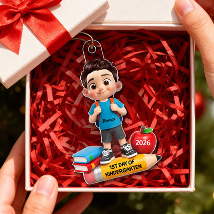 Personalized Acrylic Ornament, Colorful Cartoon Child Wearing Backpack in Classroom, Unique Kindergarten Gift