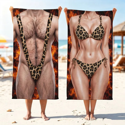Personalized Beach Towel With Funny Leopard Swimsuit Illusion, Unique Gift For Sunny Beach Party