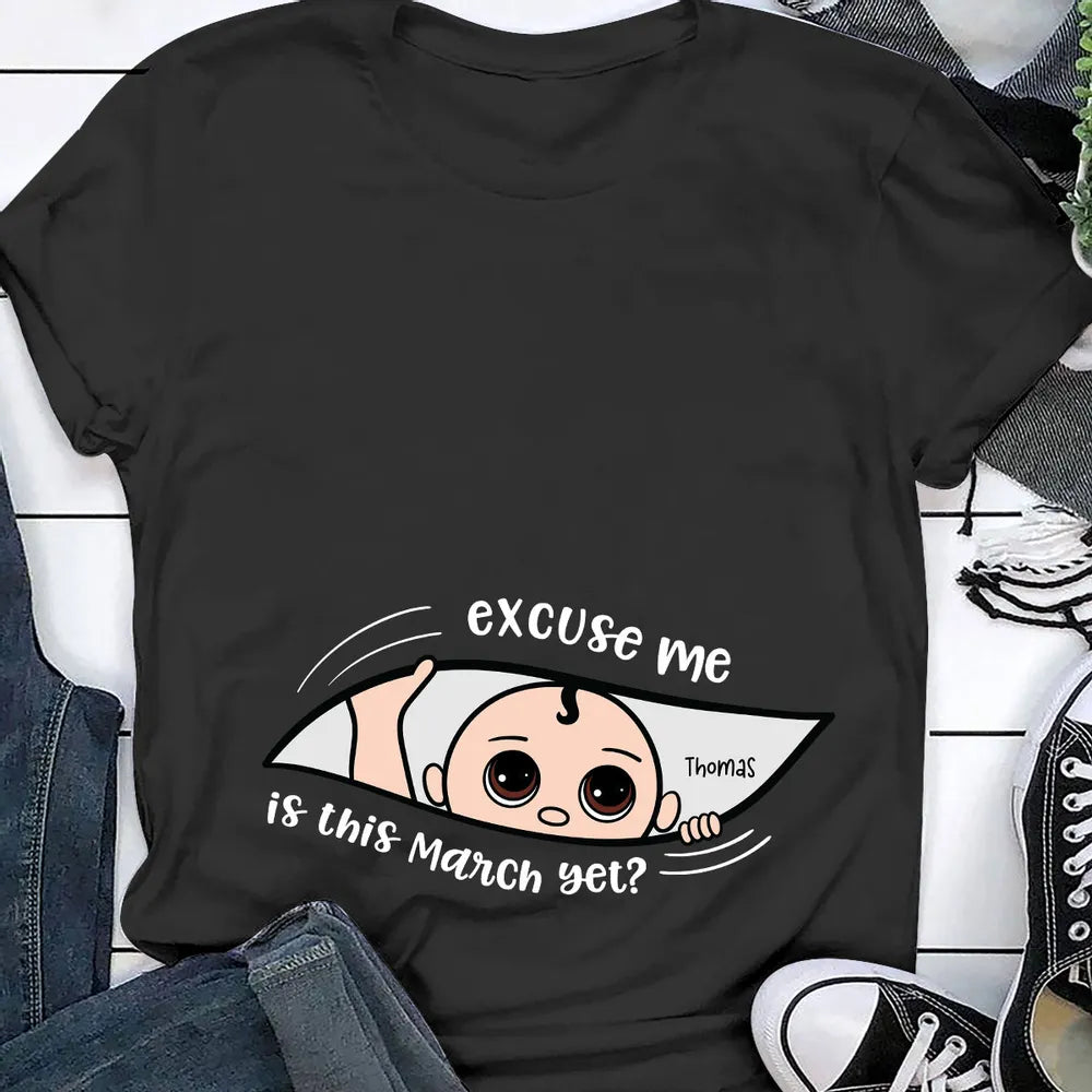 Personalized Pregnancy Announcement Classic Tee with Cute Baby Peek Design for Expecting Parents, Unique Funny Gift