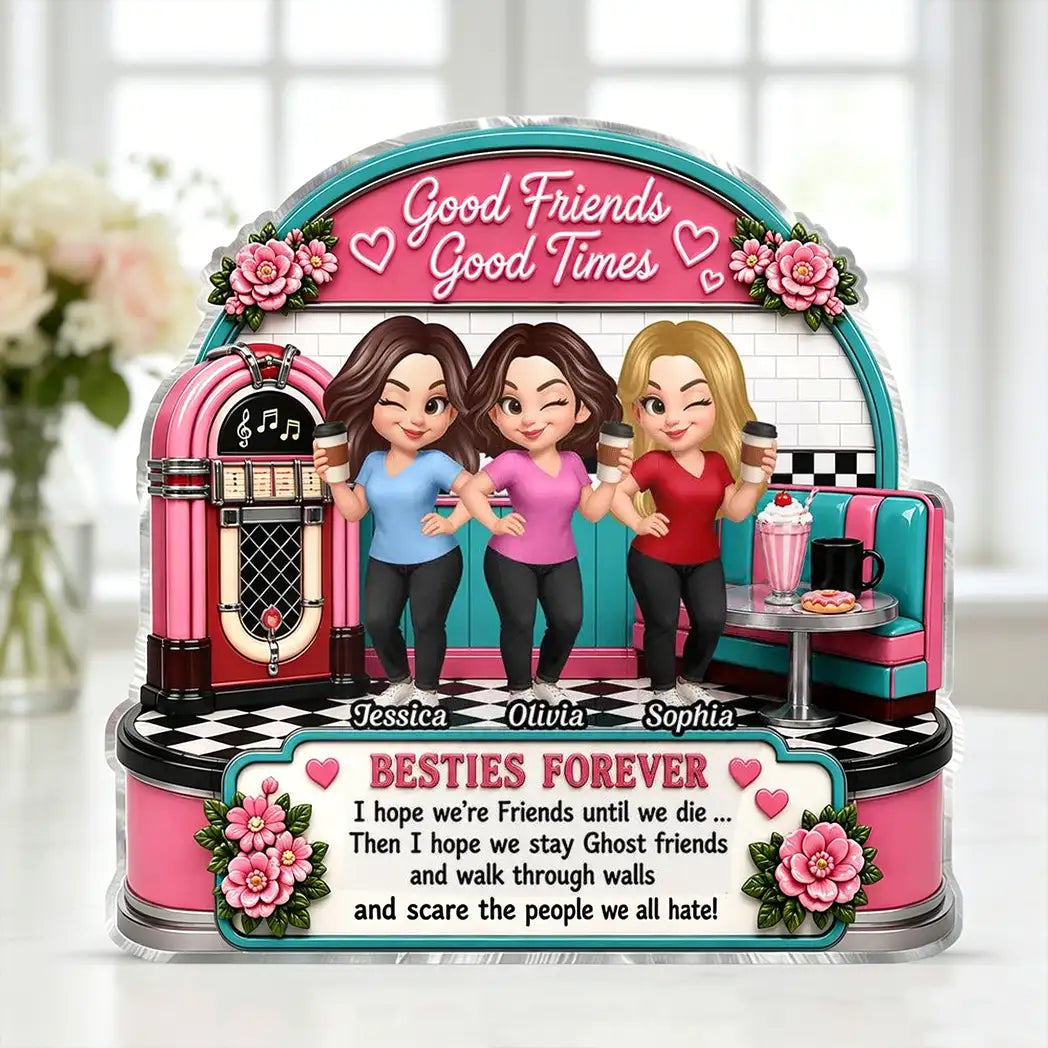 Personalized Shaped Acrylic Block Plaque, Winking Friends in Retro Diner, Unique Gift for Close Friend