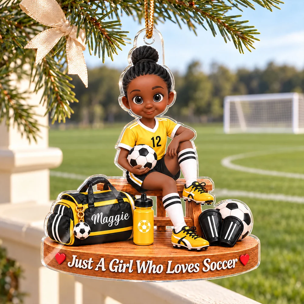 Personalized Acrylic Ornament, Red Cartoon Soccer Girl Holding a Ball, Unique Christmas Gift for Young Player