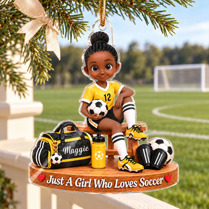 Personalized Acrylic Ornament, Red Cartoon Soccer Girl Holding a Ball, Unique Christmas Gift for Young Player