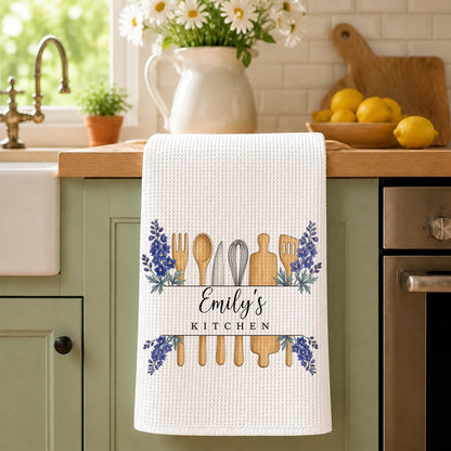 Personalized Birth Flower Kitchen Towel with Custom Name and Wooden Utensils, Gift for Home Cooks