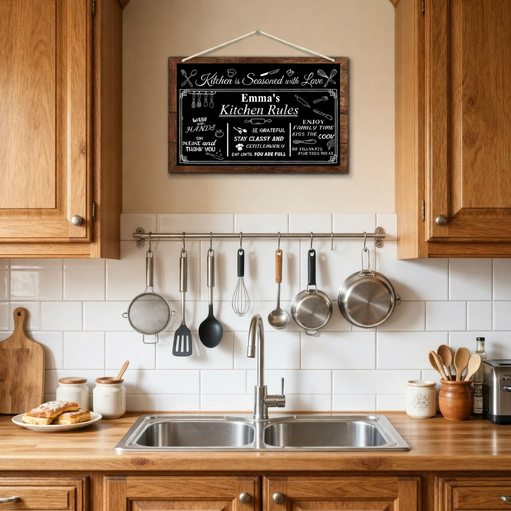 Custom Name Kitchen Rules Wood Sign, Personalized Vintage Green Wall A ...