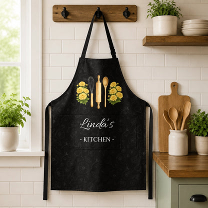 Custom Name Birth Flower Kitchen Apron, Adjustable 4-Pocket Cooking Gift for Women, Moms and Bakers