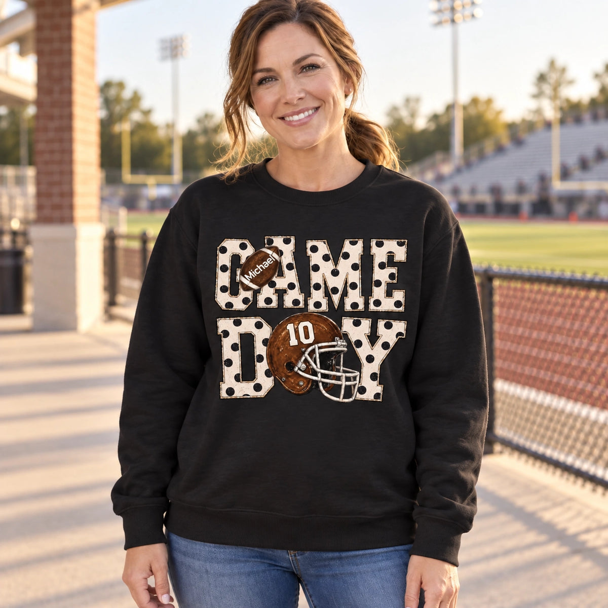 Personalized Game Day Shirt, Sweatshirt, Classic Tee or Hoodie, Custom Name & Number Football Polka Dot Design