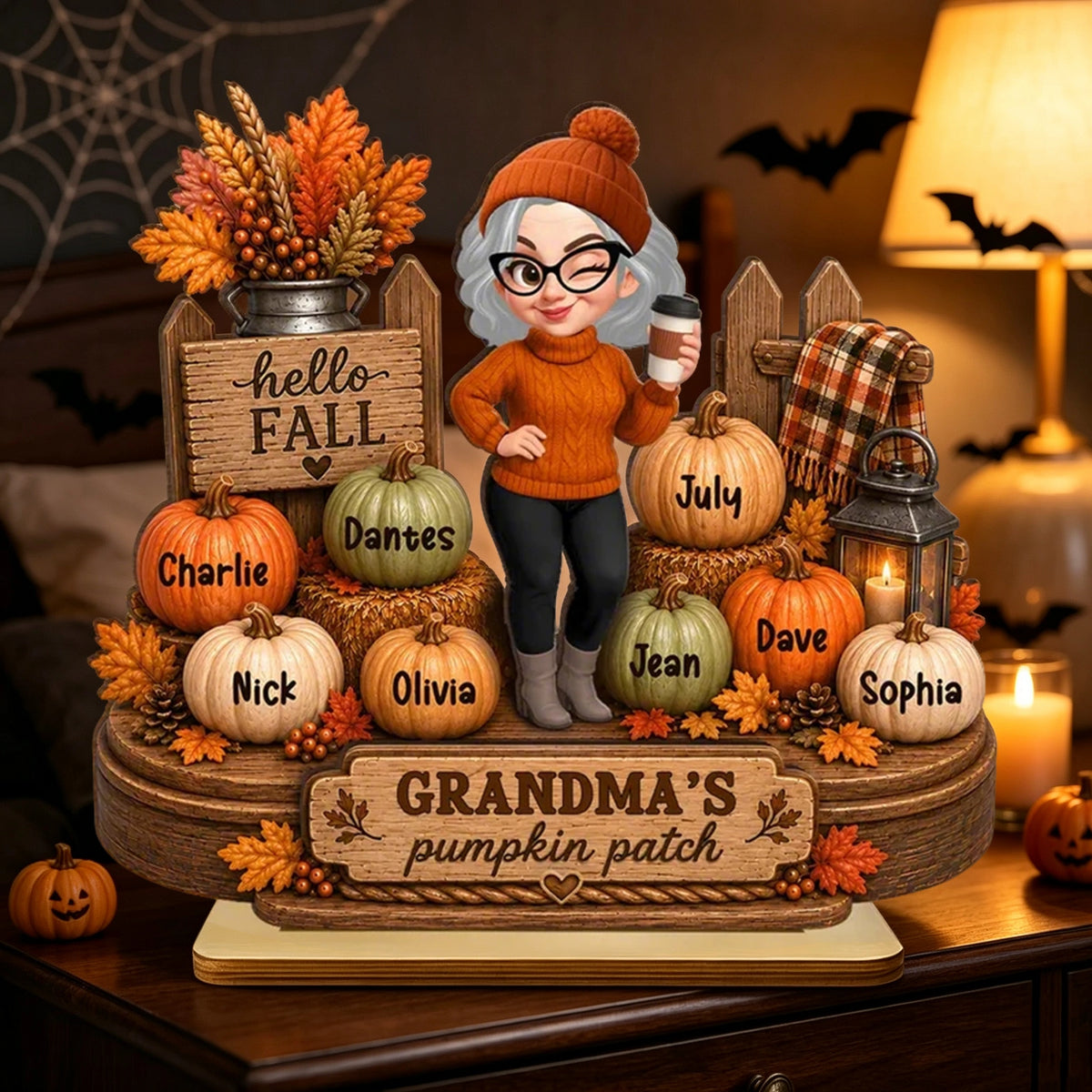 Personalized 2-Layer Wooden Plaque, Grandma Holding Coffee in Fall Pumpkin Patch, Unique Gift for Grandma