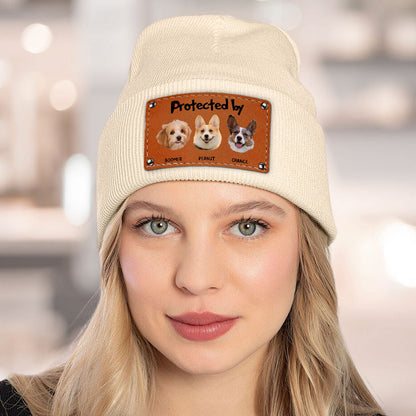 Leather Patch Beanie Hat with Funny Dog Prints, Cozy Gift