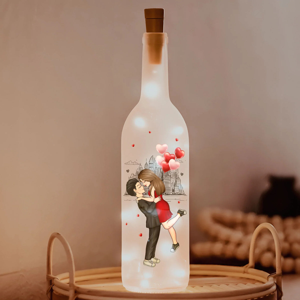 Personalized Bottle Lamp With Romantic Love Quote, Kissing Couple City Sketch, Warm Glow Bedroom Decor, Unique Gift for Her