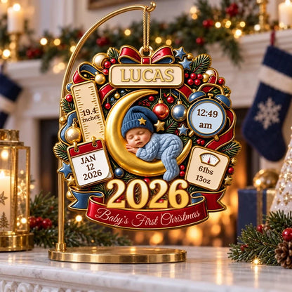 Custom Baby's First Christmas Acrylic Ornament, Sleeping Baby on Moon with Birth Stats, Sweet Keepsake for New Parents