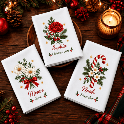Personalized Reusable Cotton Napkin, Christmas Floral Place Setting, Unique Gift for Family