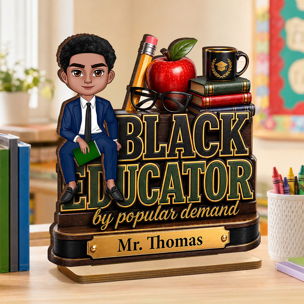 Personalized Black Educator 2-Layer Wooden Plaque with Seated Teacher Art, Creative Gift for Classroom Pride