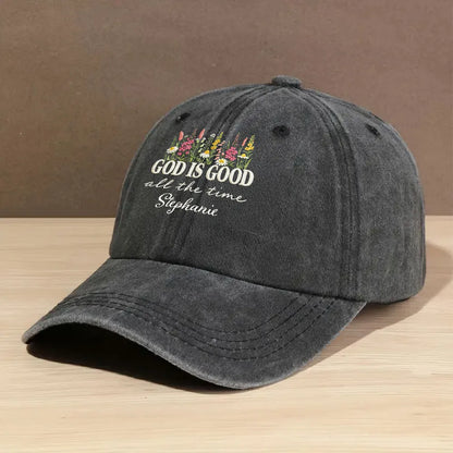Washed Denim Baseball Cap with God Is Good All the Time Message - Personalized Vintage Look Cap, Meaningful Gift for Her