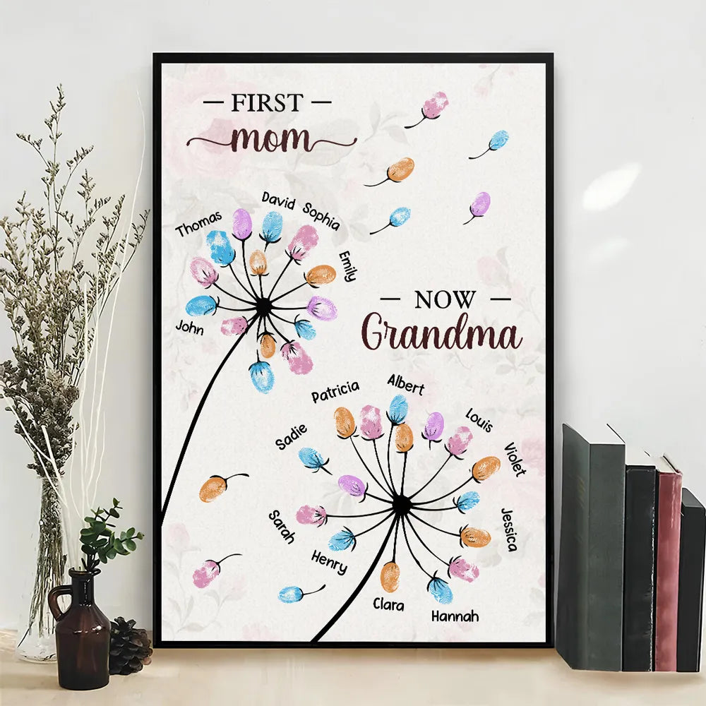 Personalized Dandelion Fingerprint Flower Poster, First Mom Now Grandma Wall Art, Unique Gift for Grandma or Mom