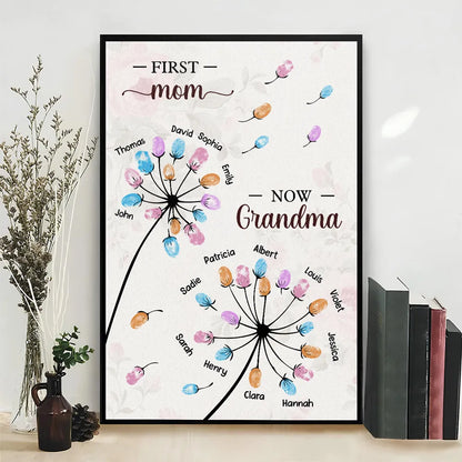Personalized Dandelion Fingerprint Flower Poster, First Mom Now Grandma Wall Art, Unique Gift for Grandma or Mom