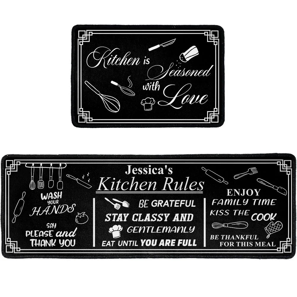Personalized Kitchen Rules Standard Doormat, Black White Quote Style for Kitchen Entryway, Unique Housewarming Gift