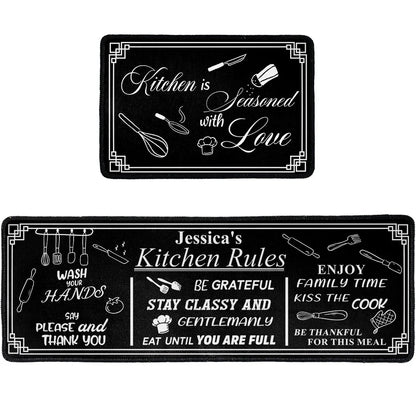 Personalized Kitchen Rules Standard Doormat, Black White Quote Style for Kitchen Entryway, Unique Housewarming Gift