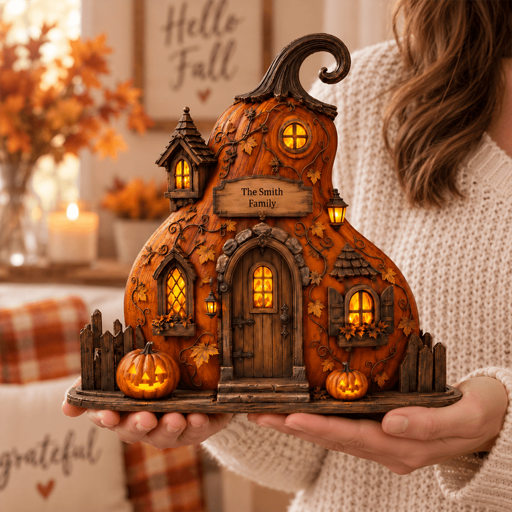 Personalized Pumpkin Cottage Wooden Plaque with Family Name, Cozy Fall & Halloween Tabletop Decor