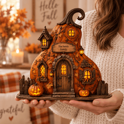 Personalized Pumpkin Cottage Wooden Plaque with Family Name, Cozy Fall & Halloween Tabletop Decor