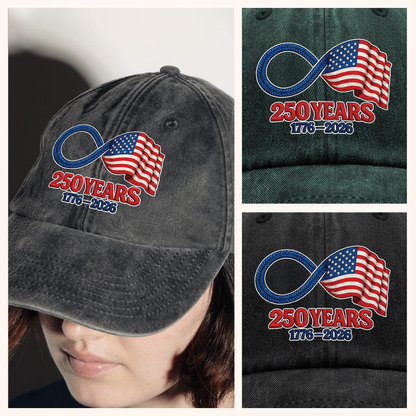 Personalized Washed Denim Baseball Cap with 250 Years Infinity Flag Design, Casual Outdoor Wear, Unique Patriotic Gift