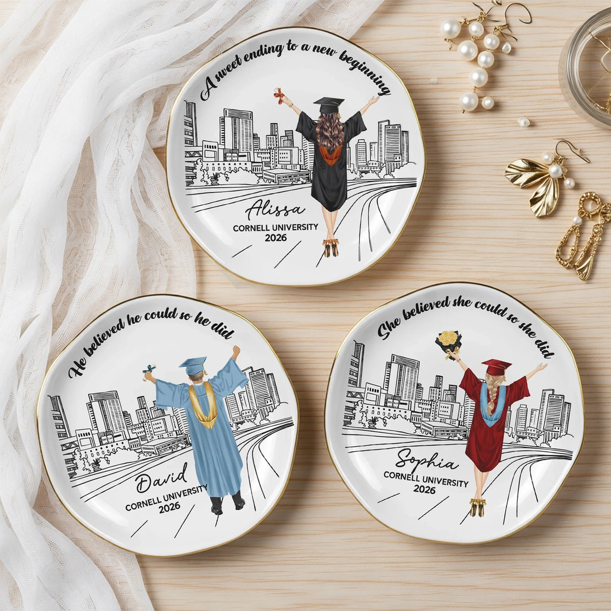 Round Lace Jewelry Dish With City Skyline, A Sweet Ending Gift For Her Graduate