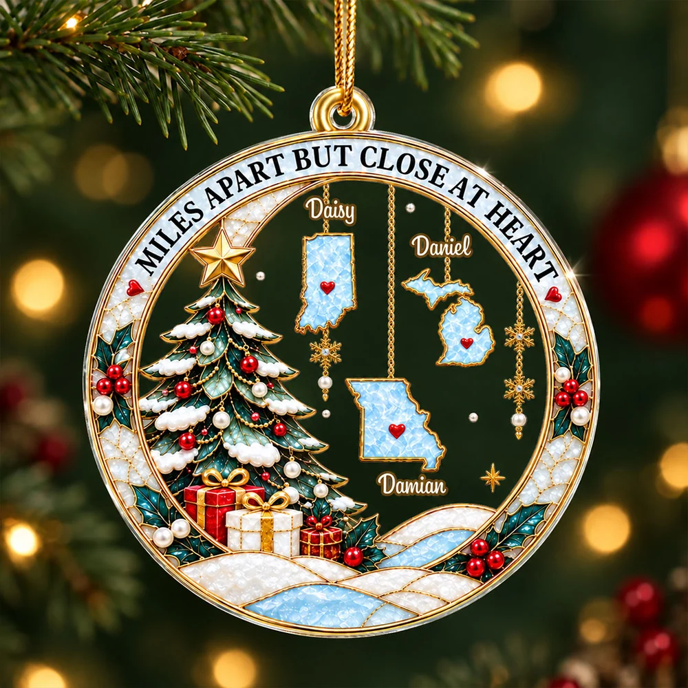 Personalized Acrylic Ornament, Snowy Christmas Tree and Family Map Scene, Creative Gift for Long-Distance Family