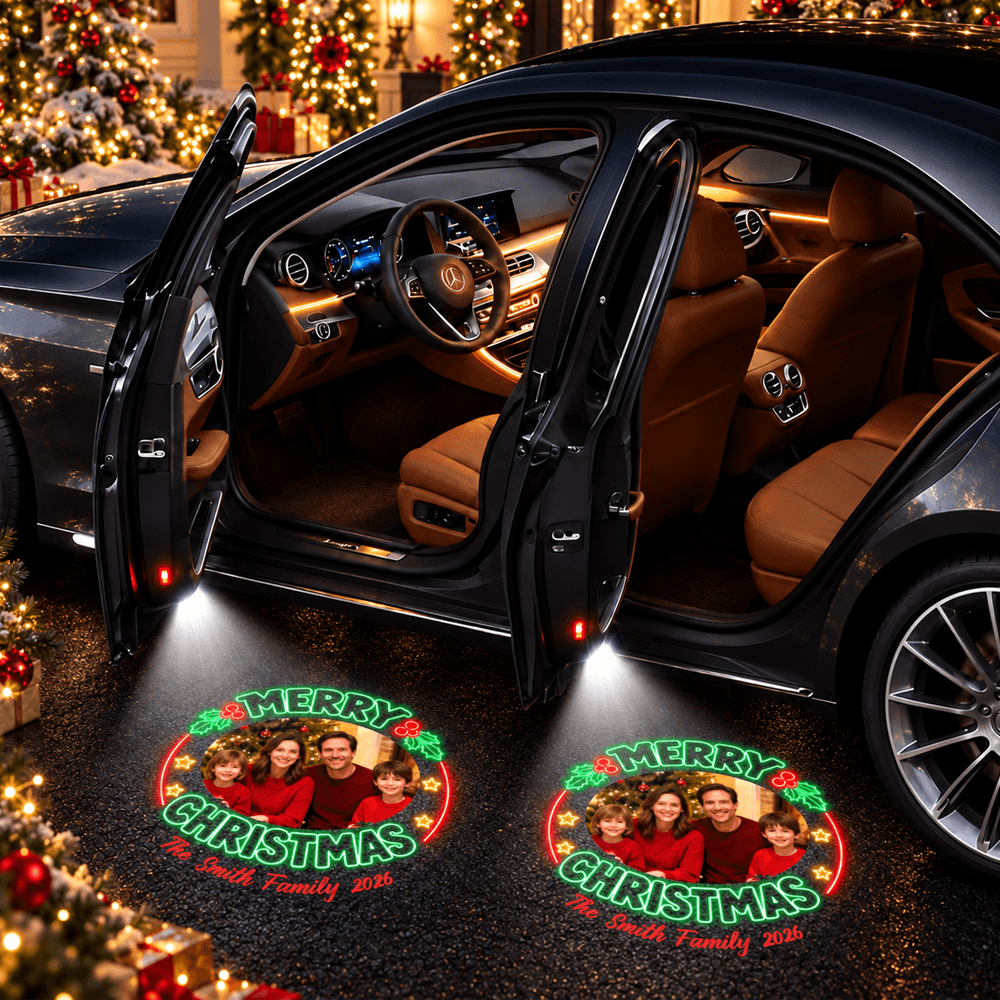 Custom Christmas Car Door Projector Lights with Family Photo and Name, Festive Holiday Car Accessory, Family Keepsake Gift
