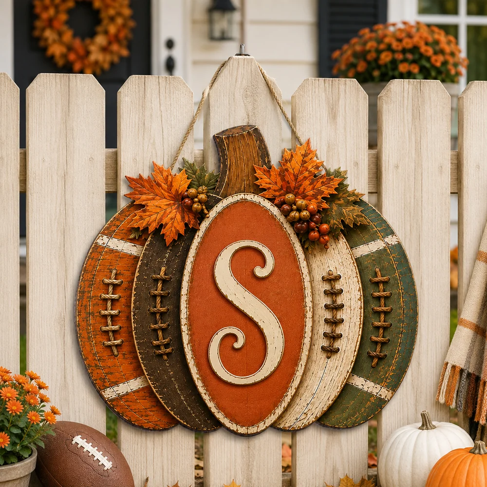 Personalized Wooden Sign, Autumn Pumpkin Door Accent, Creative Gift for Family and Football Fans