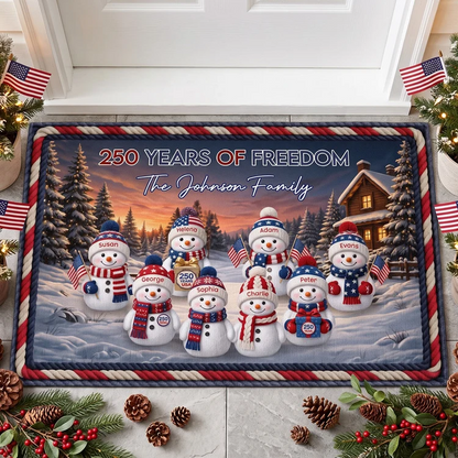 Personalized Snowman Family Doormat for America's 250th Anniversary, American Flag Christmas Decor