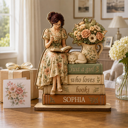 Personalized 2-Layer Wooden Plaque, Cottagecore Girl Reading with Cat, Unique Gift for Book Lovers